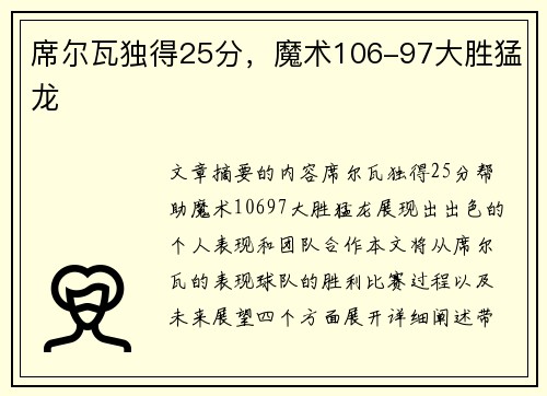 席尔瓦独得25分，魔术106-97大胜猛龙